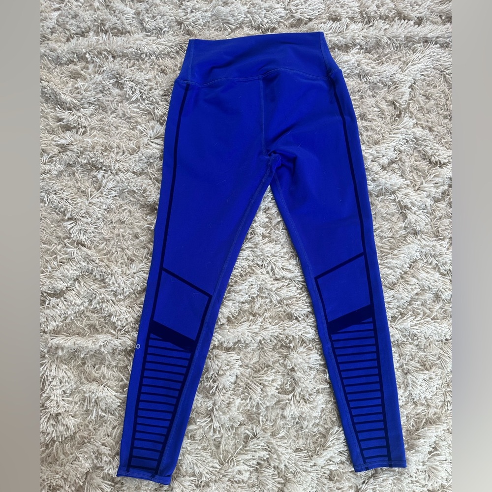 ALO Yoga High Waist Sapphire Blue Velvet Flocked Moto Leggings - Picture 2 of 5